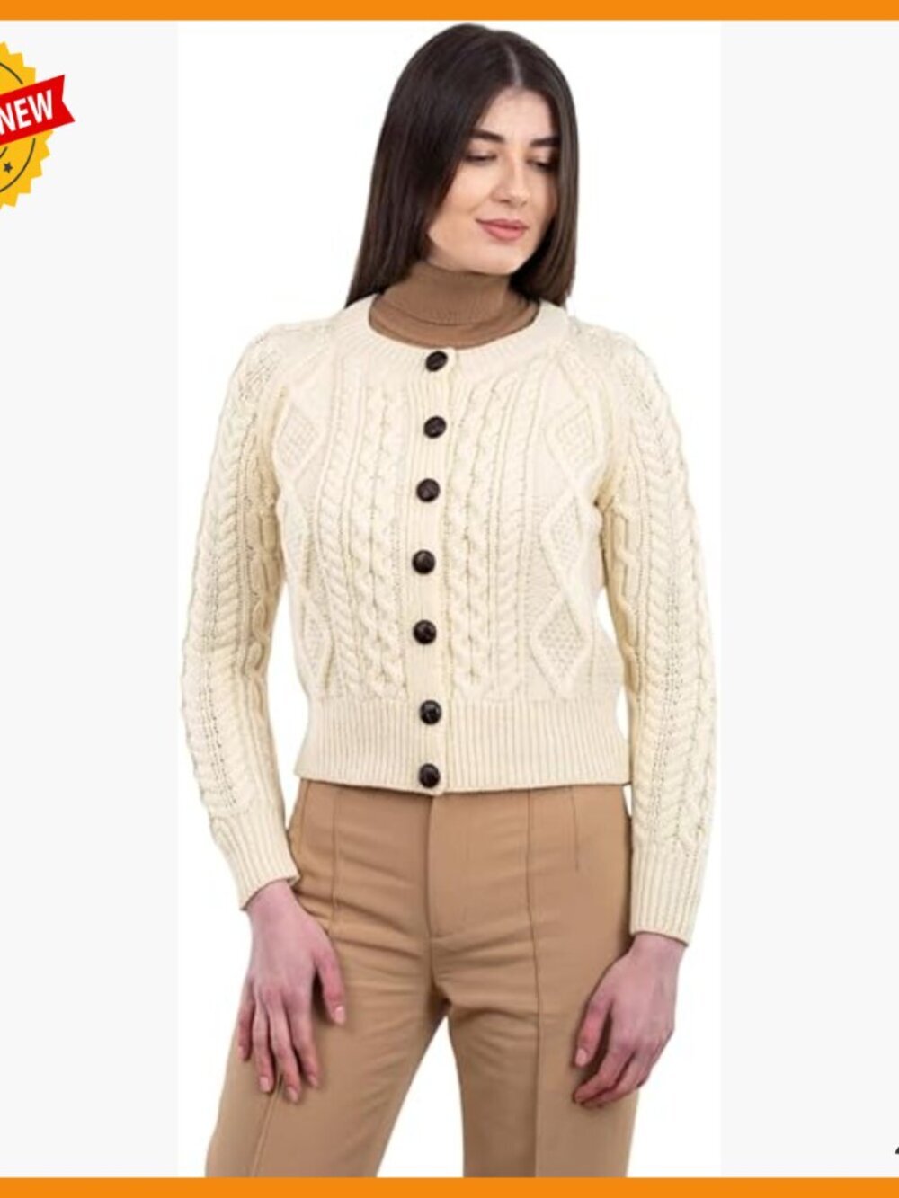 Merino Wool Cardigan Sweater Cable Knit Crew Neck Warm Cozy